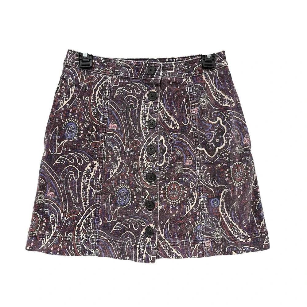 Knox Rose Womens Purple Paisley Boho Corduroy Button Front Mini Skirt Size 2